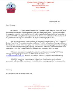 An official letter from the Woodland Beach Volunteer Fire Department, dated February 14, 2024. It addresses a fraud incident regarding donations requested by individuals impersonating department personnel. Contact details and links are included at the bottom.