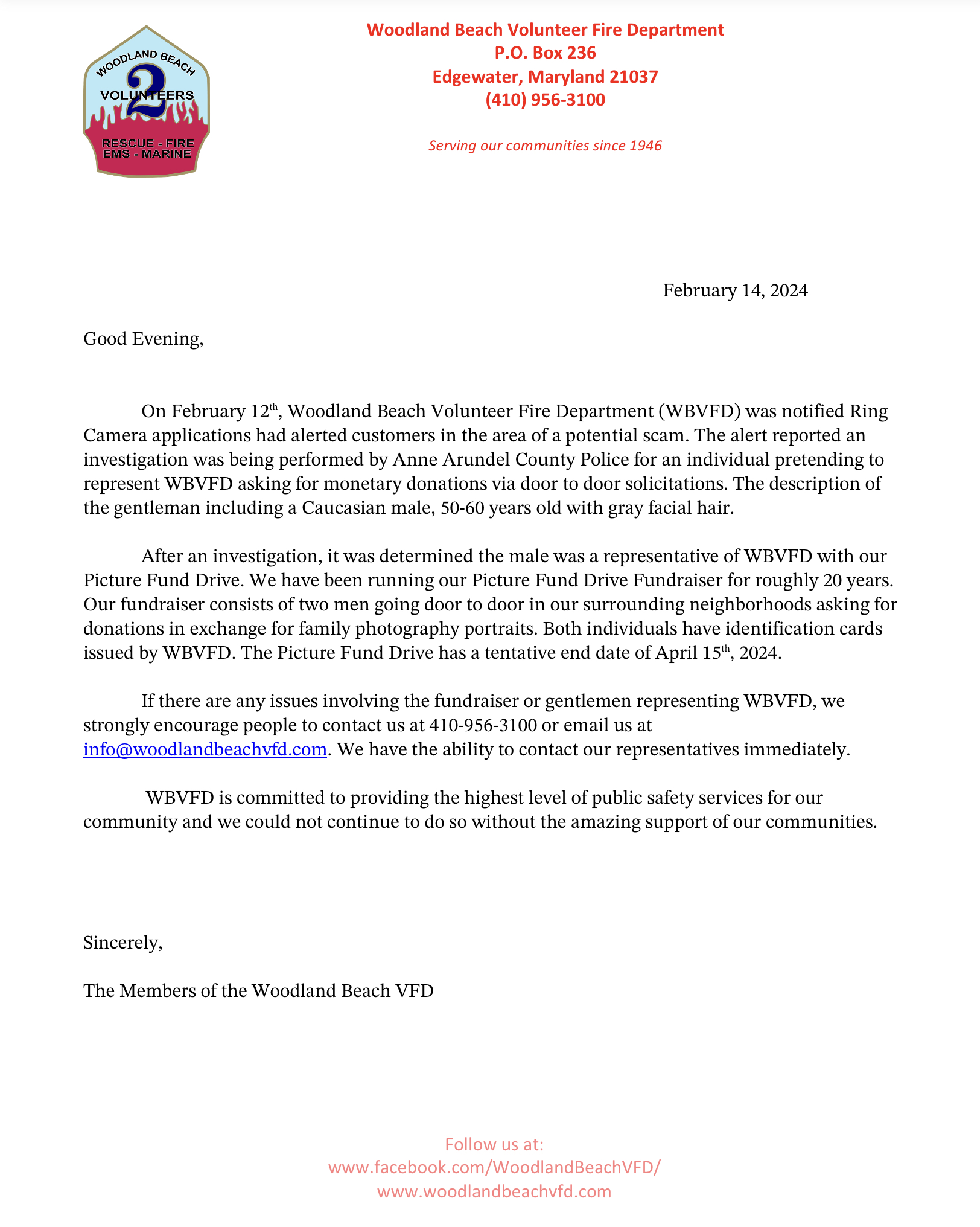 An official letter from the Woodland Beach Volunteer Fire Department, dated February 14, 2024. It addresses a fraud incident regarding donations requested by individuals impersonating department personnel. Contact details and links are included at the bottom.