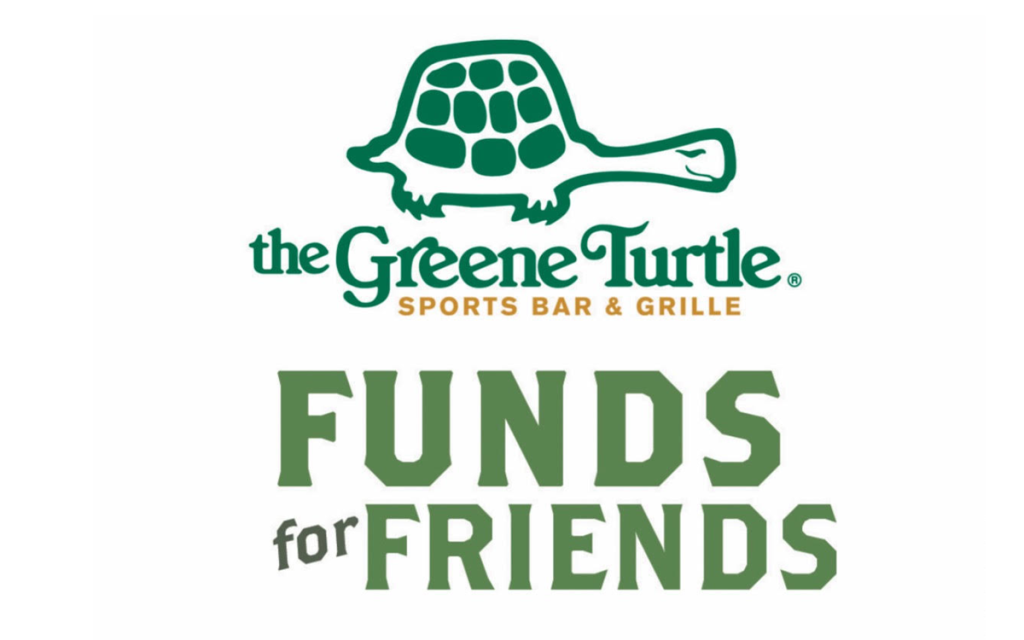 Logo of The Greene Turtle Sports Bar & Grille featuring a turtle illustration above the text. Below, the phrase "Funds for Friends" is displayed in bold lettering.