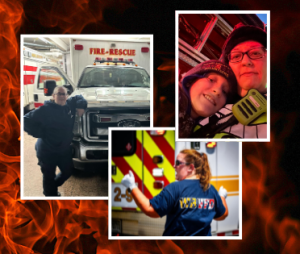 A fiery background with the text "Why I Volunteer, Volunteer Spotlight, Dawn Kayton." Images show a person in front of a fire-rescue truck, a selfie with a child, and the person wearing a "fire-rescue" shirt.