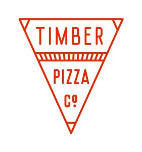 A red outlined triangle logo with the words "TIMBER" at the top, "PIZZA" in the middle, and "CO" with a small circle at the bottom center, all in uppercase on a white background.