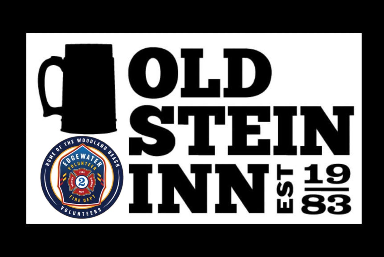 Logo for Old Stein Inn, featuring a black beer stein silhouette and bold black text. Includes a circular Edgewater fire department badge in the lower left. Text reads: "Old Stein Inn, EST 1983.