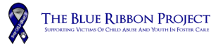 Logo for The Blue Ribbon Project with a blue ribbon on the left that reads "Stop Child Abuse," featuring an image of a child's eye. Text on the right: "The Blue Ribbon Project—Supporting Victims of Child Abuse and Youth in Foster Care.